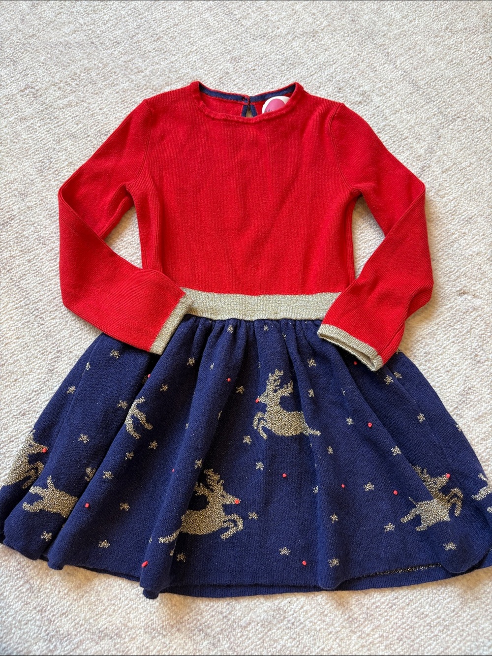 Mini Boden Red Top Navy Skirt Holiday Knit Dress with Gold Trim